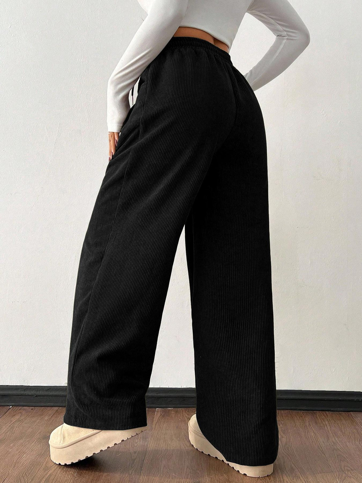 Women's High Waist Ribbed Wide Leg Pants