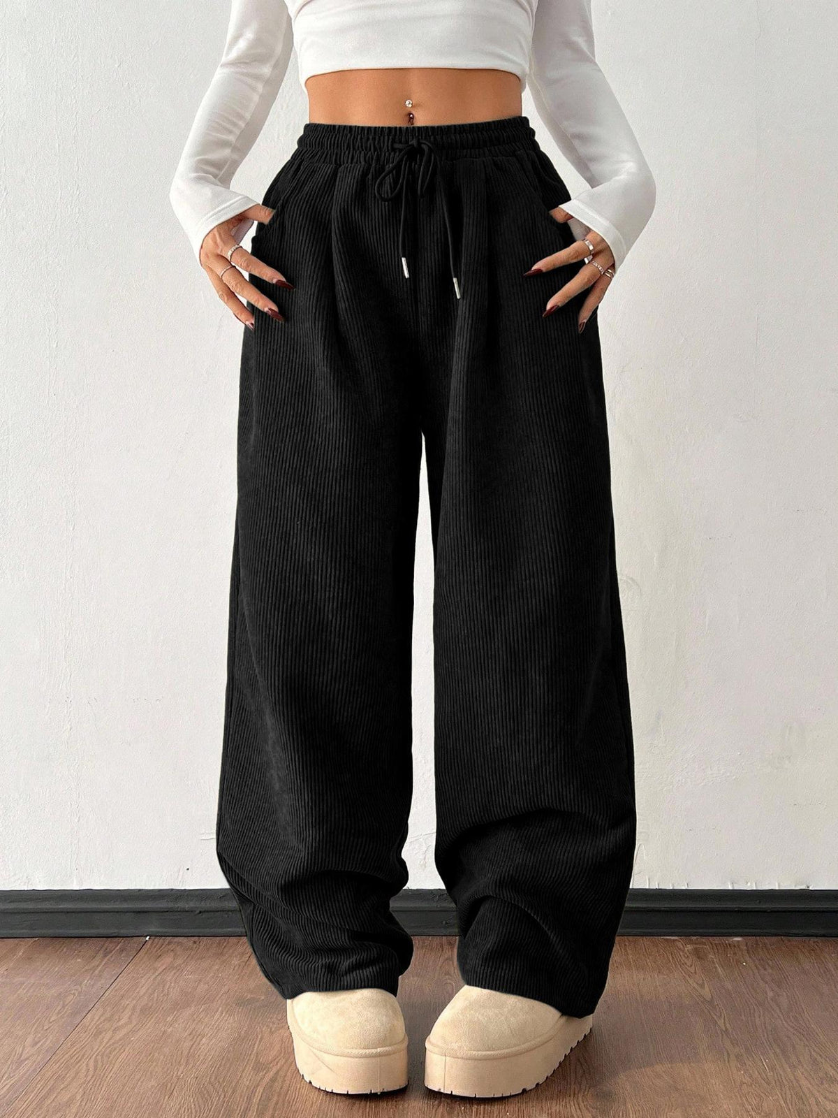 Women's High Waist Ribbed Wide Leg Pants