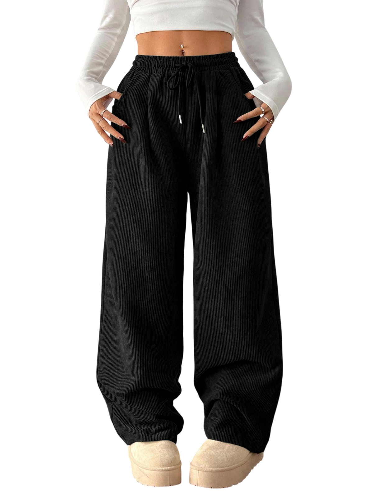 Women's High Waist Ribbed Wide Leg Pants