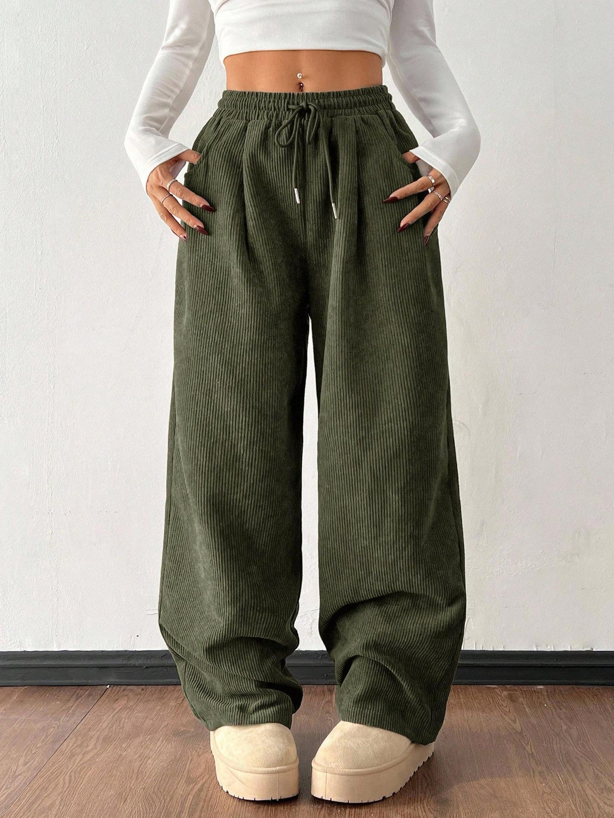 Women's High Waist Ribbed Wide Leg Pants