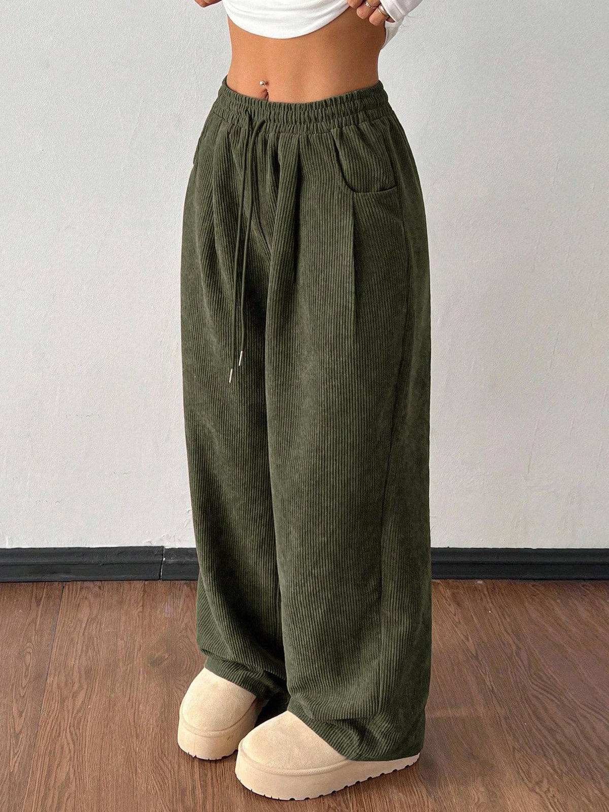 Women's High Waist Ribbed Wide Leg Pants