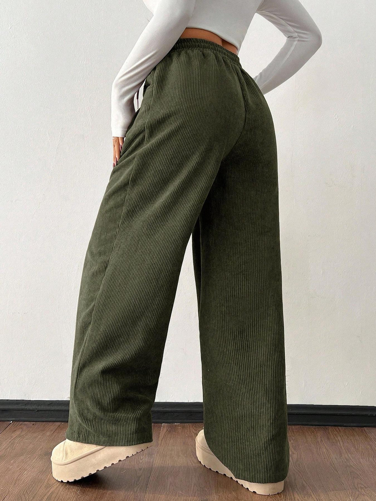 Women's High Waist Ribbed Wide Leg Pants