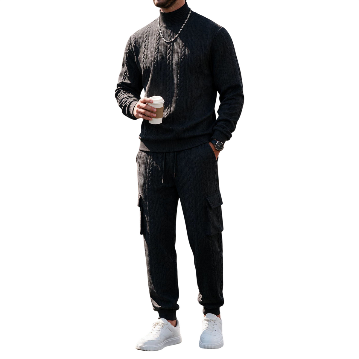 Men's Cable Knit Sweater and Cargo Jogger Set