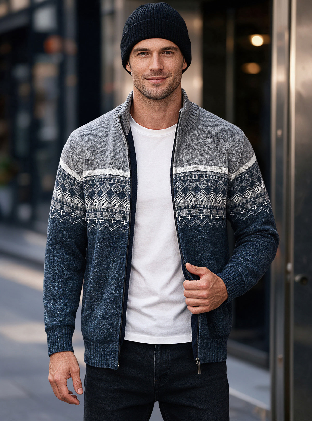 Men's Zip Up Fair Isle Pattern Knit Cardigan