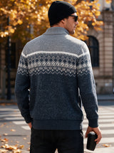 Men's Zip Up Fair Isle Pattern Knit Cardigan