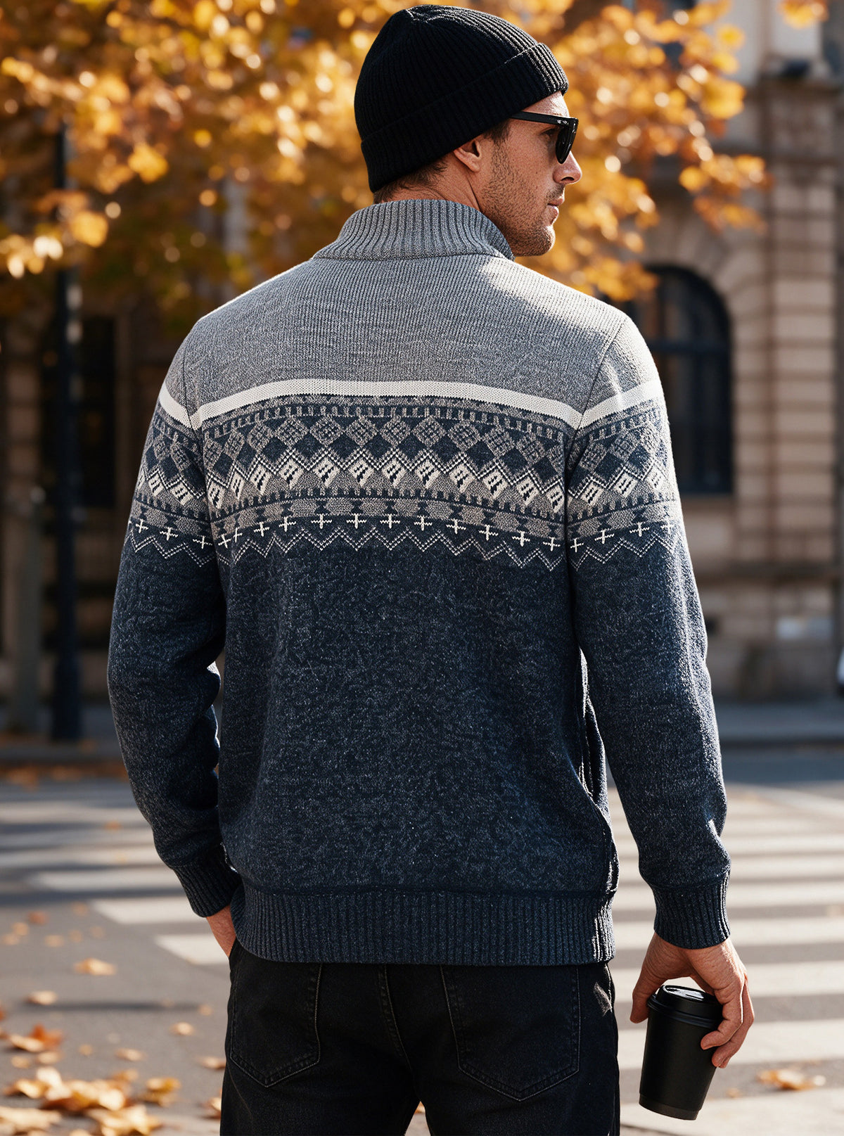Men's Zip Up Fair Isle Pattern Knit Cardigan