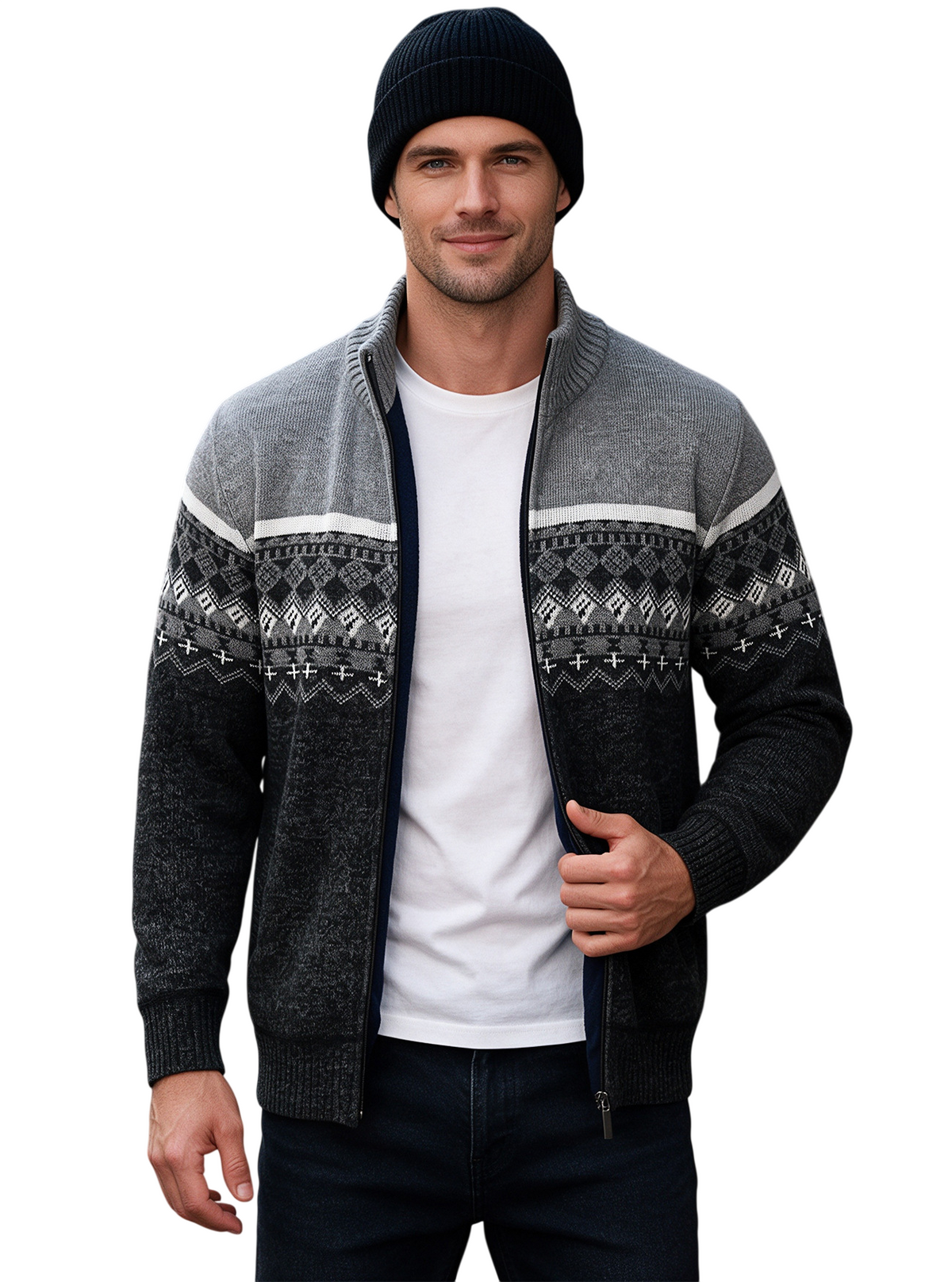 Men's Zip Up Fair Isle Pattern Knit Cardigan
