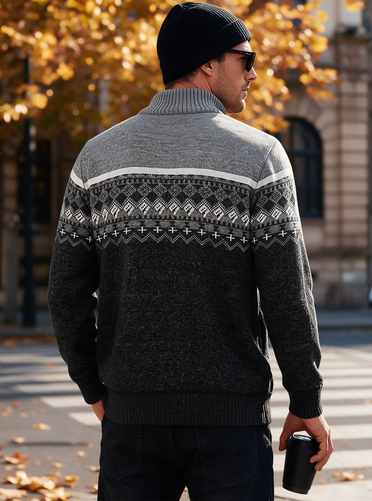 Men's Zip Up Fair Isle Pattern Knit Cardigan
