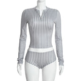 Women's Striped Long Sleeve Crop Top and Shorts Set