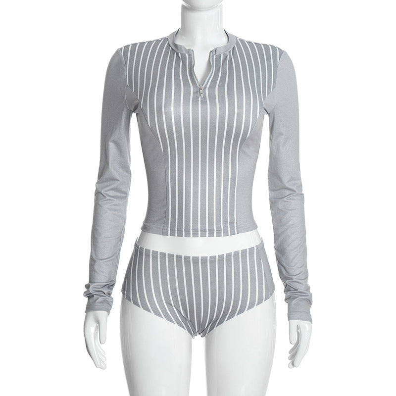 Women's Striped Long Sleeve Crop Top and Shorts Set
