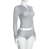 Women's Striped Long Sleeve Crop Top and Shorts Set