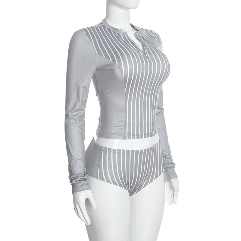 Women's Striped Long Sleeve Crop Top and Shorts Set