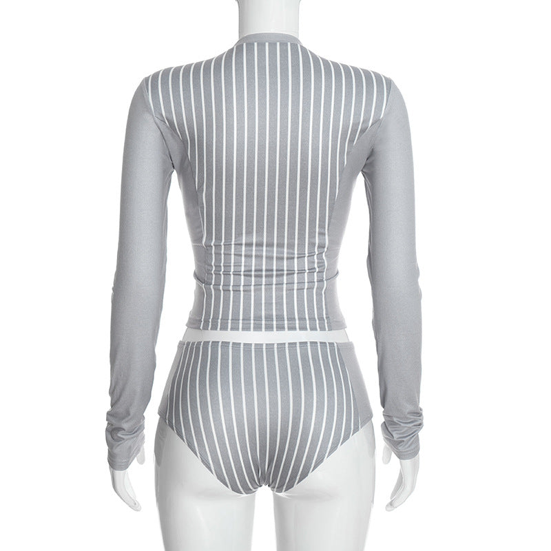 Women's Striped Long Sleeve Crop Top and Shorts Set