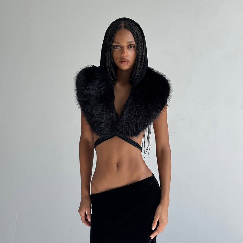 Women's Faux Fur Hooded Wrap Crop Top