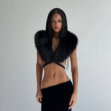Women's Faux Fur Hooded Wrap Crop Top
