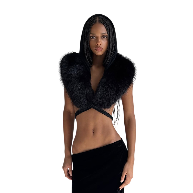 Women's Faux Fur Hooded Wrap Crop Top