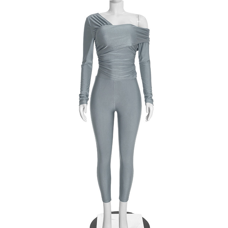 Women's One Shoulder Ruched Top and Leggings Set