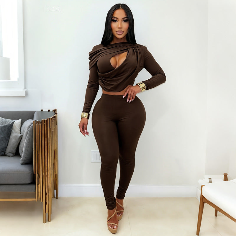 Women's Draped Crop Top and Leggings Two Piece Set