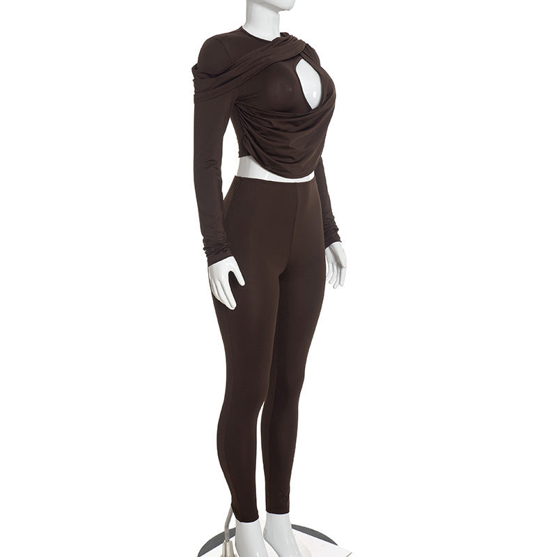Women's Draped Crop Top and Leggings Two Piece Set