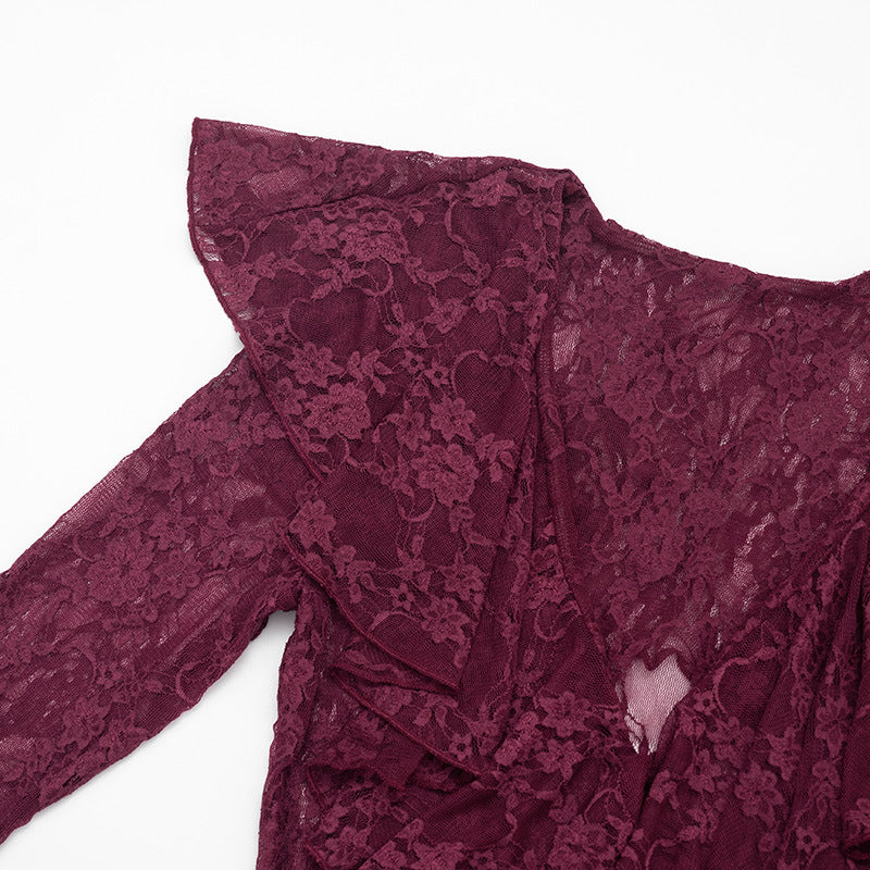 Women's Lace Ruffle Long Sleeve Bodycon Mini Dress