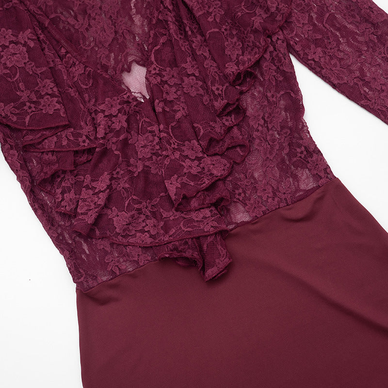 Women's Lace Ruffle Long Sleeve Bodycon Mini Dress