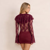 Women's Lace Ruffle Long Sleeve Bodycon Mini Dress