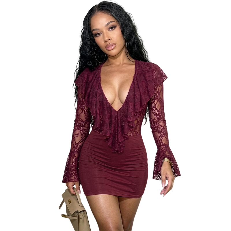 Women's Lace Ruffle Long Sleeve Bodycon Mini Dress