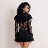 Women's Lace Ruffle Long Sleeve Bodycon Mini Dress