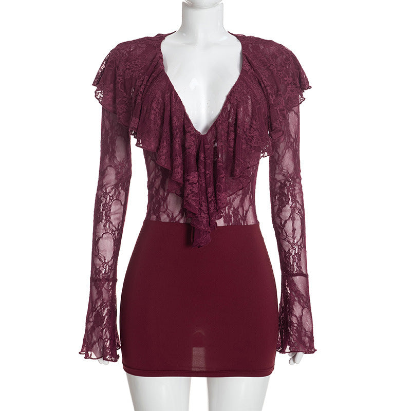 Women's Lace Ruffle Long Sleeve Bodycon Mini Dress