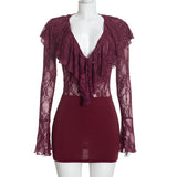 Women's Lace Ruffle Long Sleeve Bodycon Mini Dress