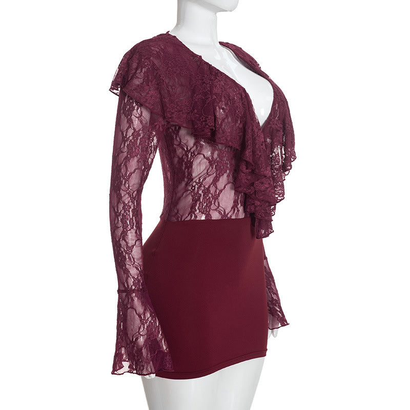 Women's Lace Ruffle Long Sleeve Bodycon Mini Dress