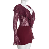 Women's Lace Ruffle Long Sleeve Bodycon Mini Dress