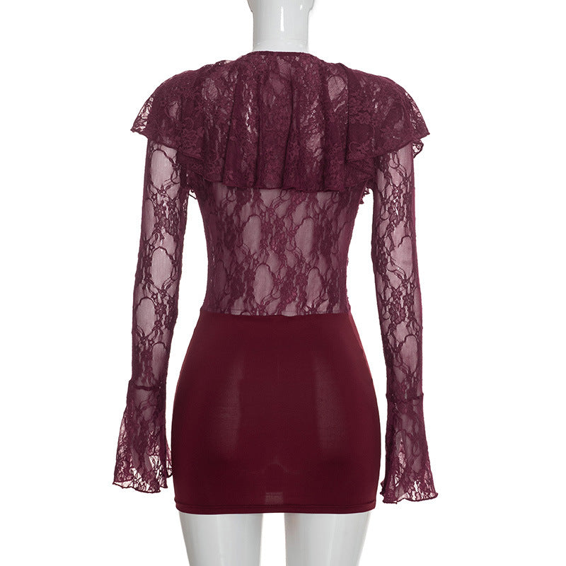 Women's Lace Ruffle Long Sleeve Bodycon Mini Dress