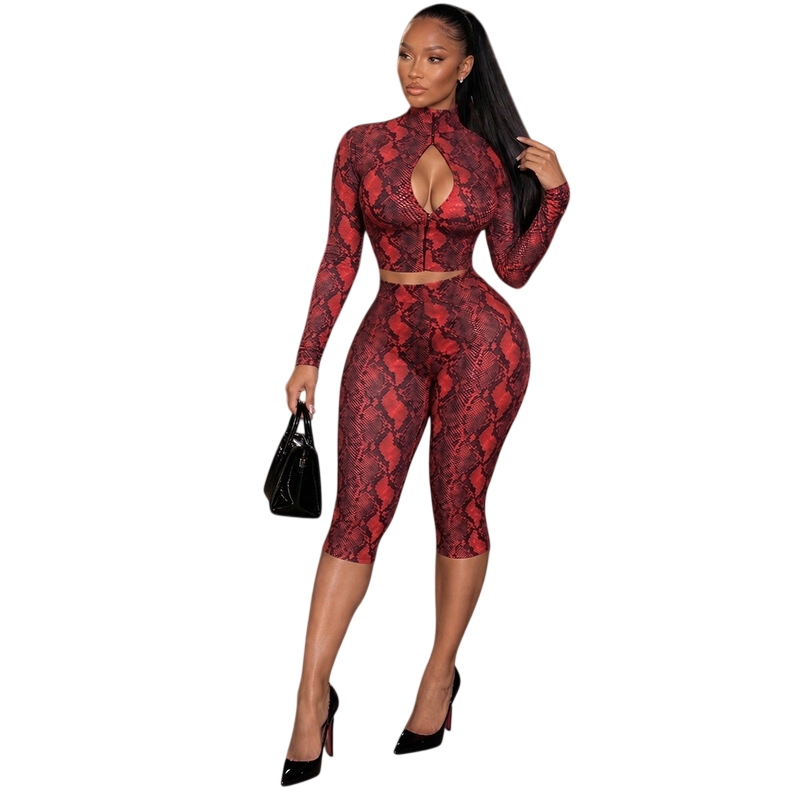 Women's Snake Print Crop Top and Capri Leggings Set