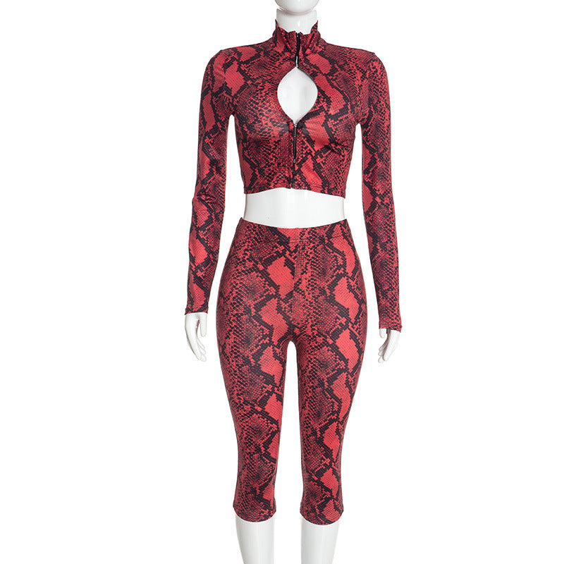 Women's Snake Print Crop Top and Capri Leggings Set