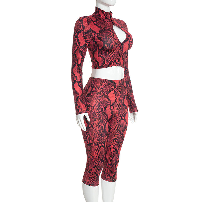 Women's Snake Print Crop Top and Capri Leggings Set