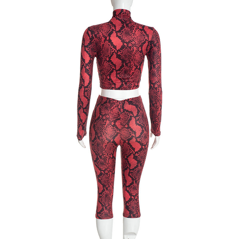 Women's Snake Print Crop Top and Capri Leggings Set