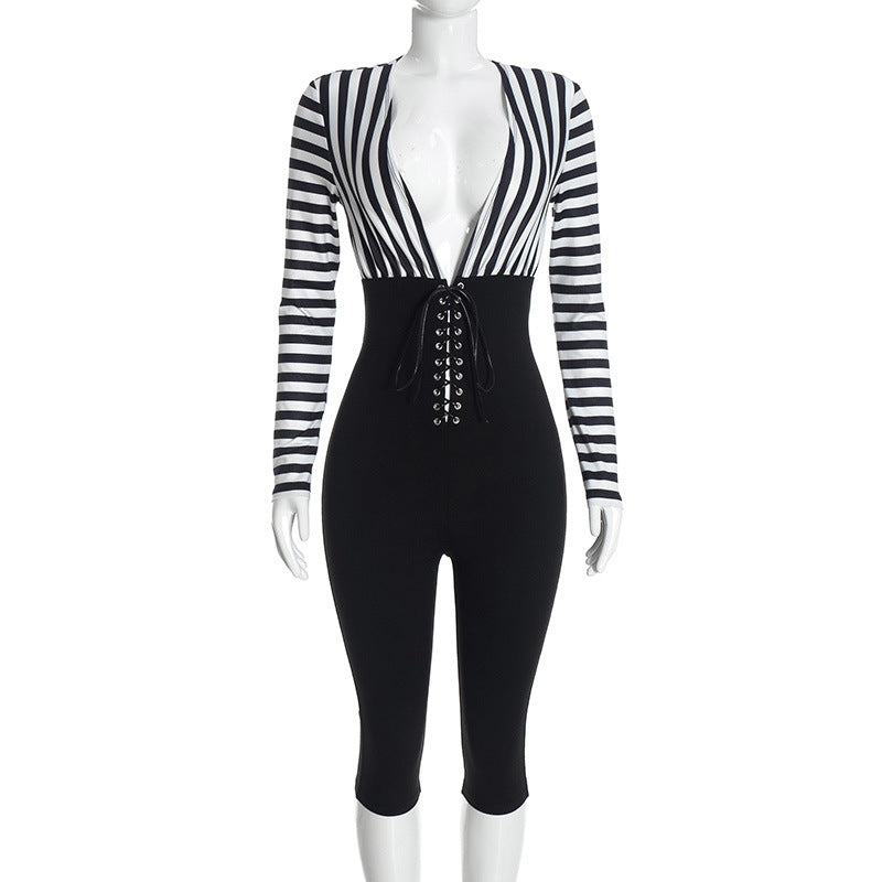 Women's Striped Long Sleeve Lace Up Capri Romper