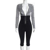 Women's Striped Long Sleeve Lace Up Capri Romper