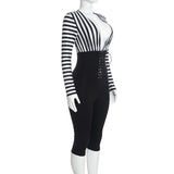 Women's Striped Long Sleeve Lace Up Capri Romper