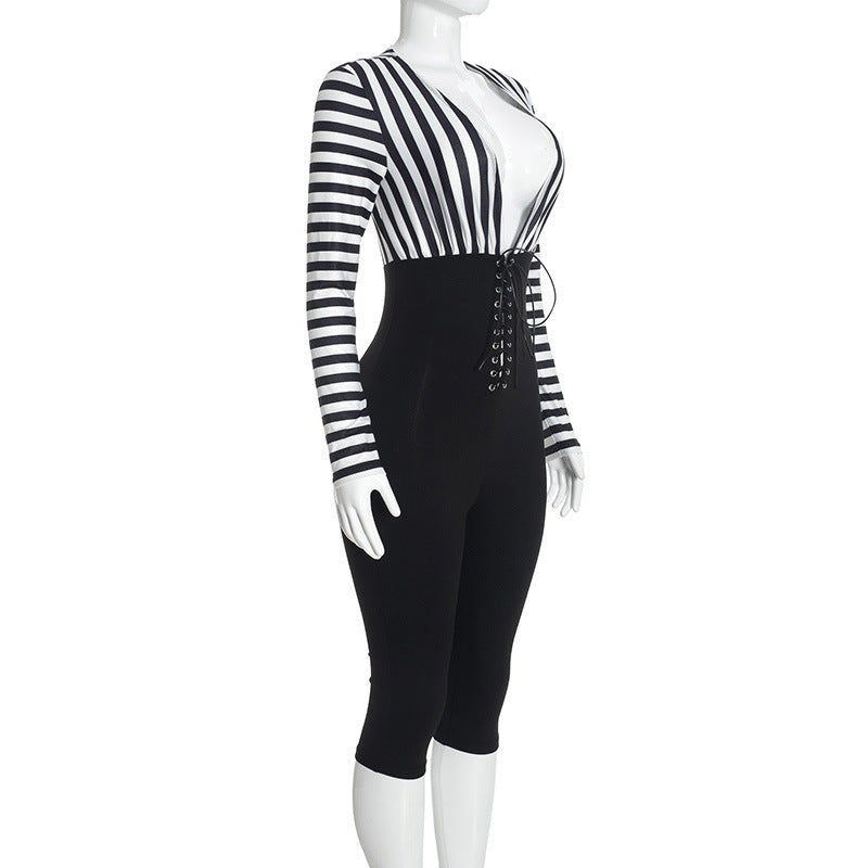 Women's Striped Long Sleeve Lace Up Capri Romper