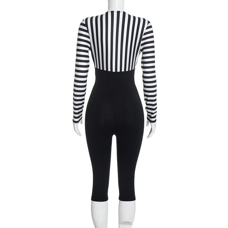 Women's Striped Long Sleeve Lace Up Capri Romper