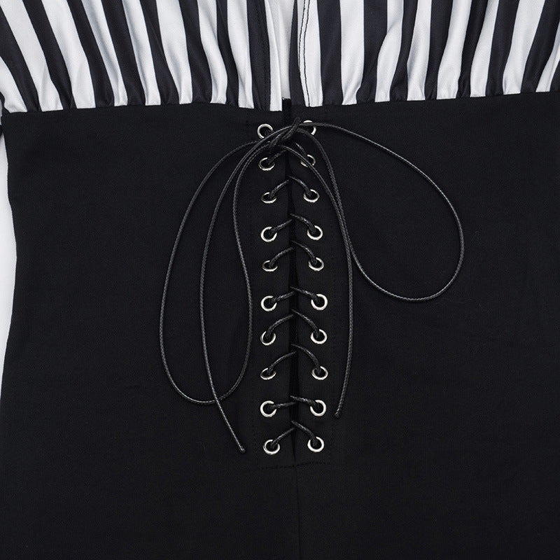 Women's Striped Long Sleeve Lace Up Capri Romper