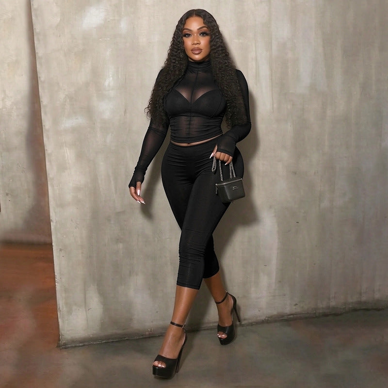 Women's Sheer Mesh Top and Capri Pants Set