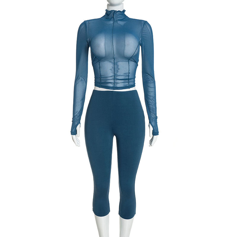 Women's Sheer Mesh Top and Capri Pants Set