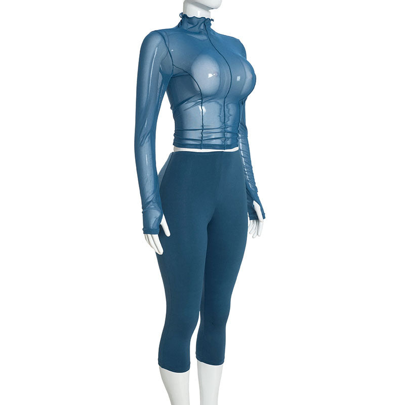 Women's Sheer Mesh Top and Capri Pants Set