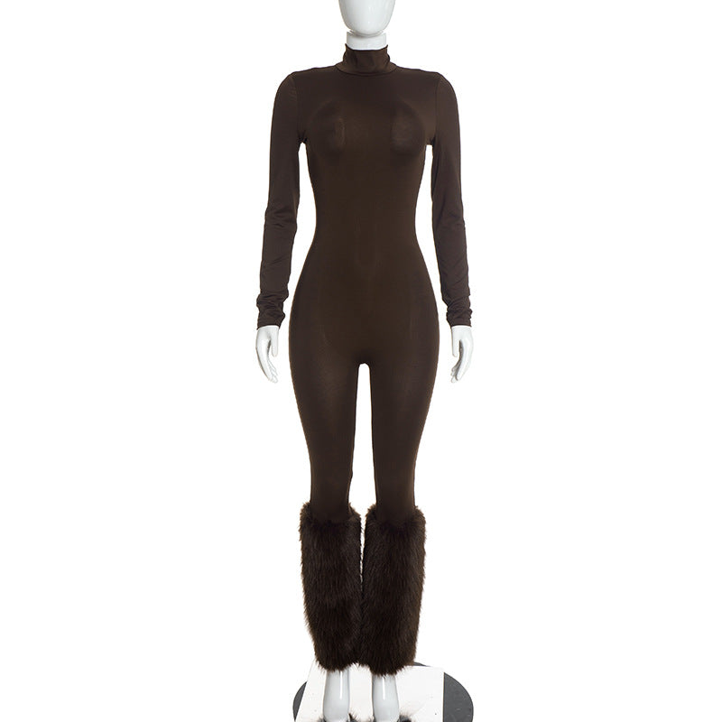 Women's Long Sleeve Jumpsuit with Faux Fur Leg Warmers
