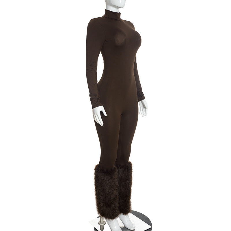 Women's Long Sleeve Jumpsuit with Faux Fur Leg Warmers