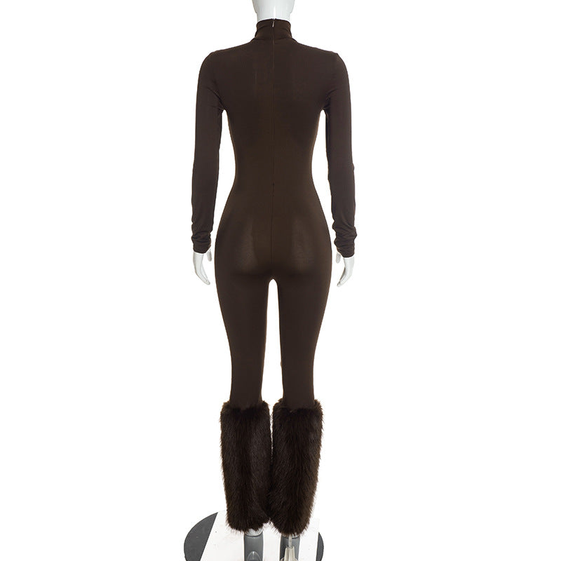 Women's Long Sleeve Jumpsuit with Faux Fur Leg Warmers