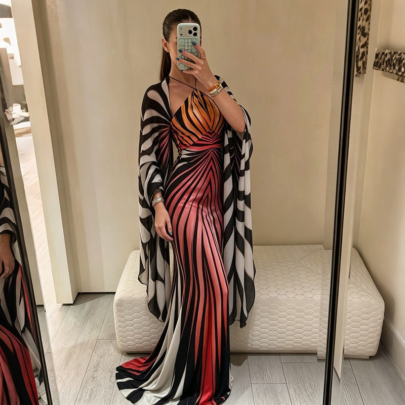 Women's Printed Halter Neck Maxi Dress with Sheer Shawl